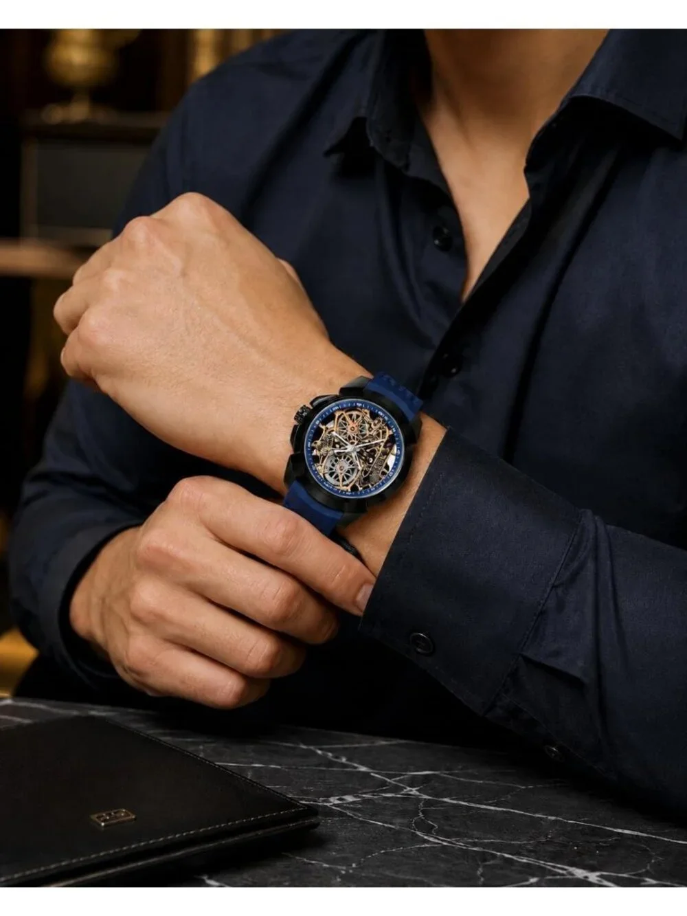 Men's Blue Skeleton Luminous Quartz Silicone Strap Round Hollow Dial Wrist Watch